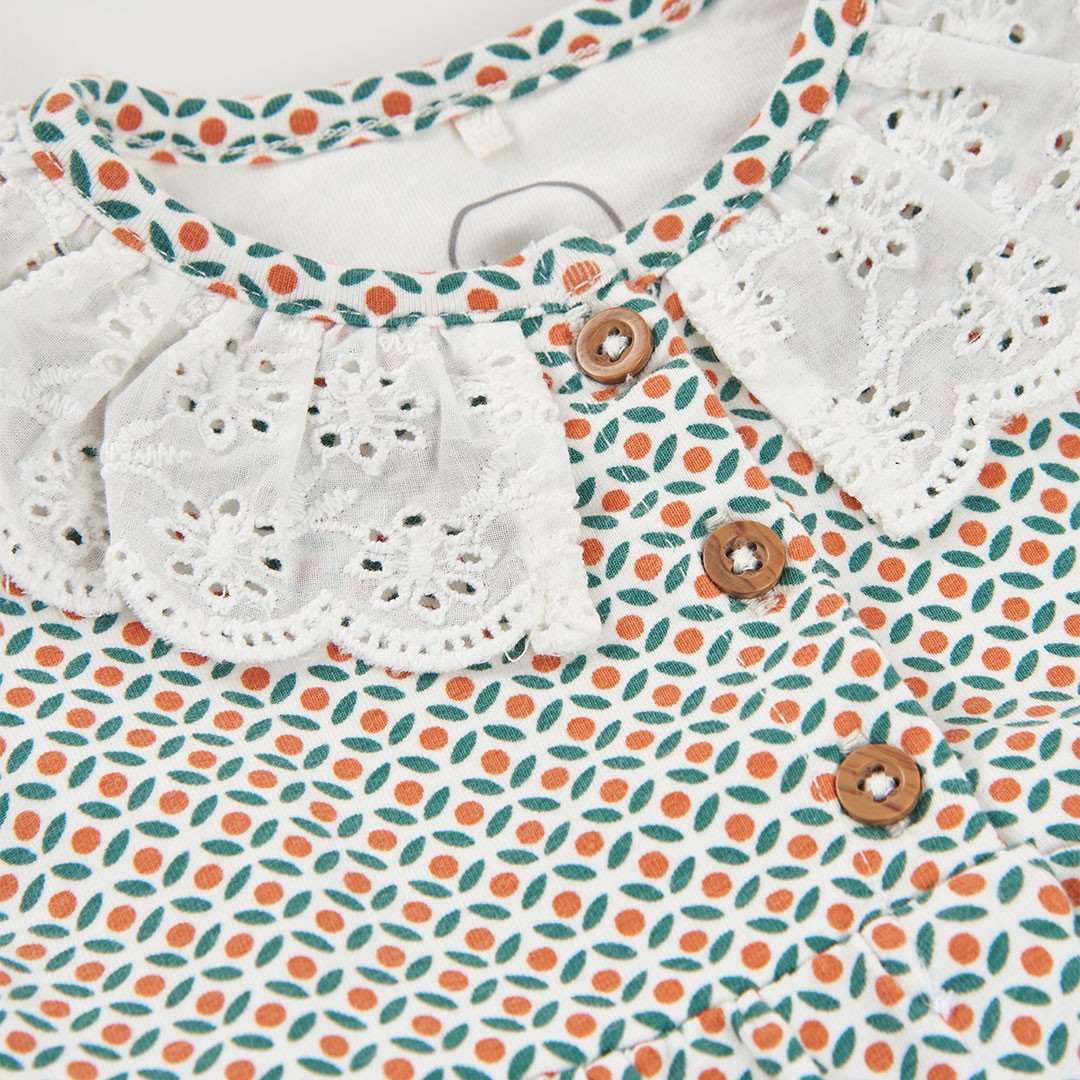 Turquoise and Orange Print Dress with eyelet collar 4