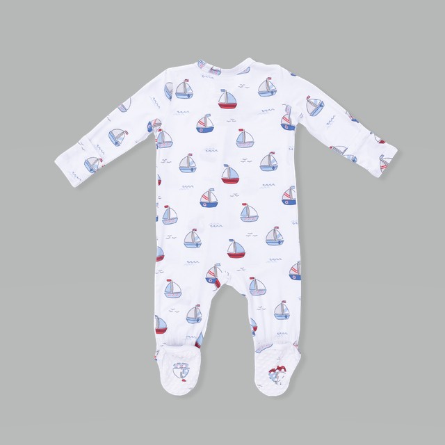 Bubbly Blue Sailboats Bamboo Zipper Footie 2