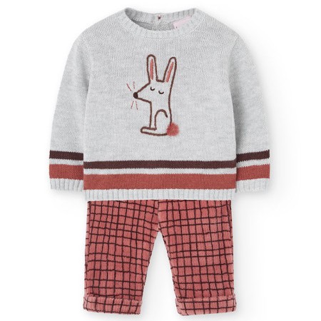 Rabbit Sweater with Checked Pants Set