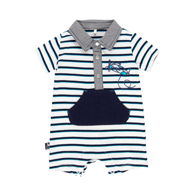 Striped polo baby romper with plane accent 1