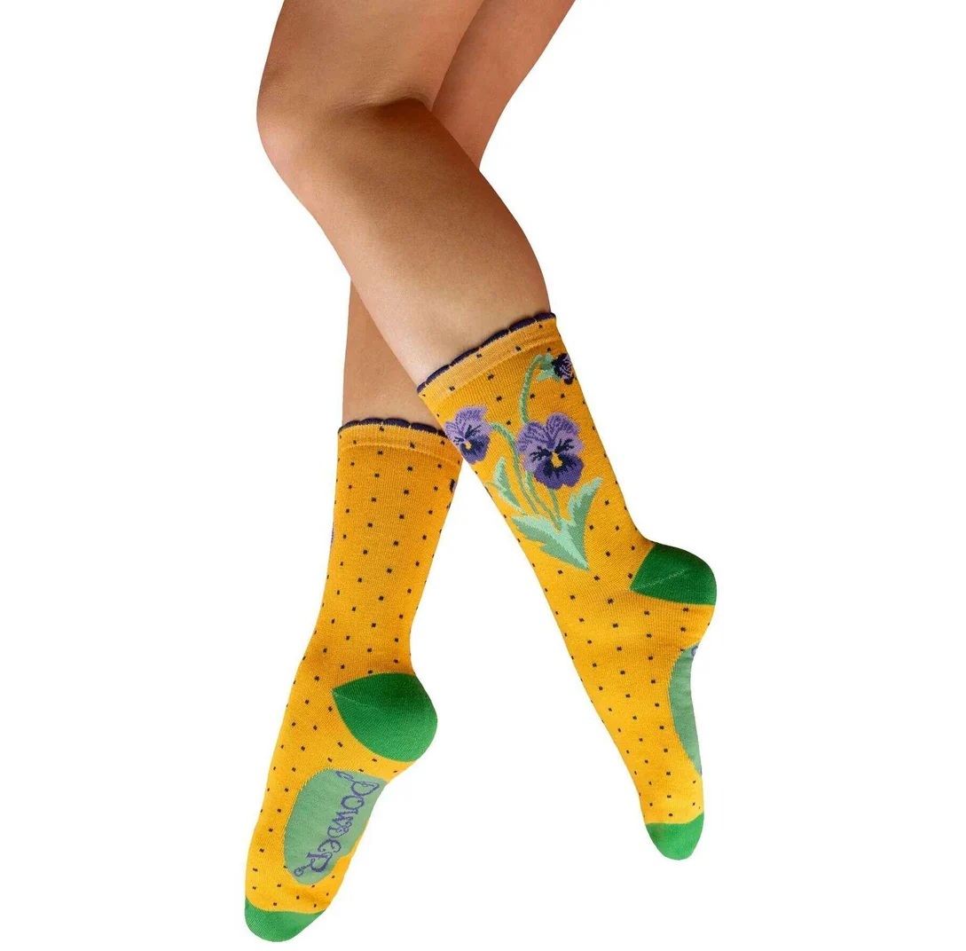 Ladies Mustard Pansies Bamboo Socks 1