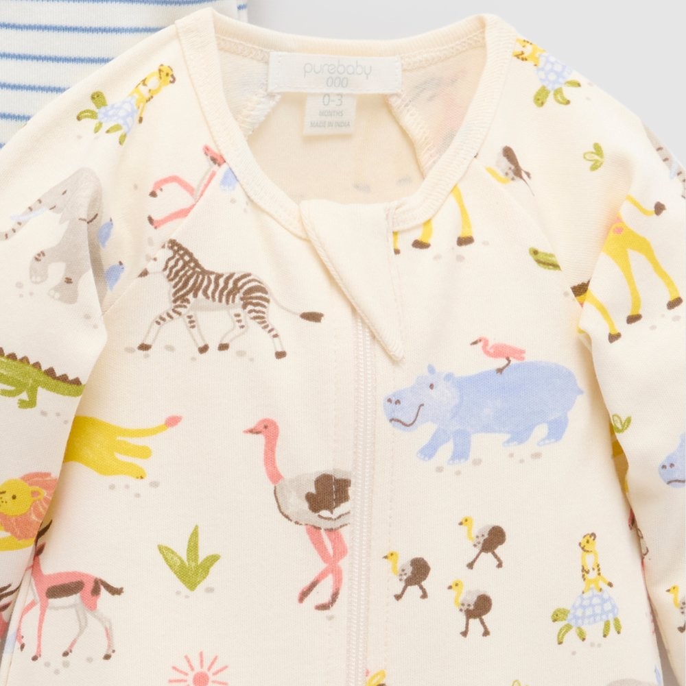 Animal print and Stripe 2 pack of Organic Cotton Growsuits by Pure Baby 2